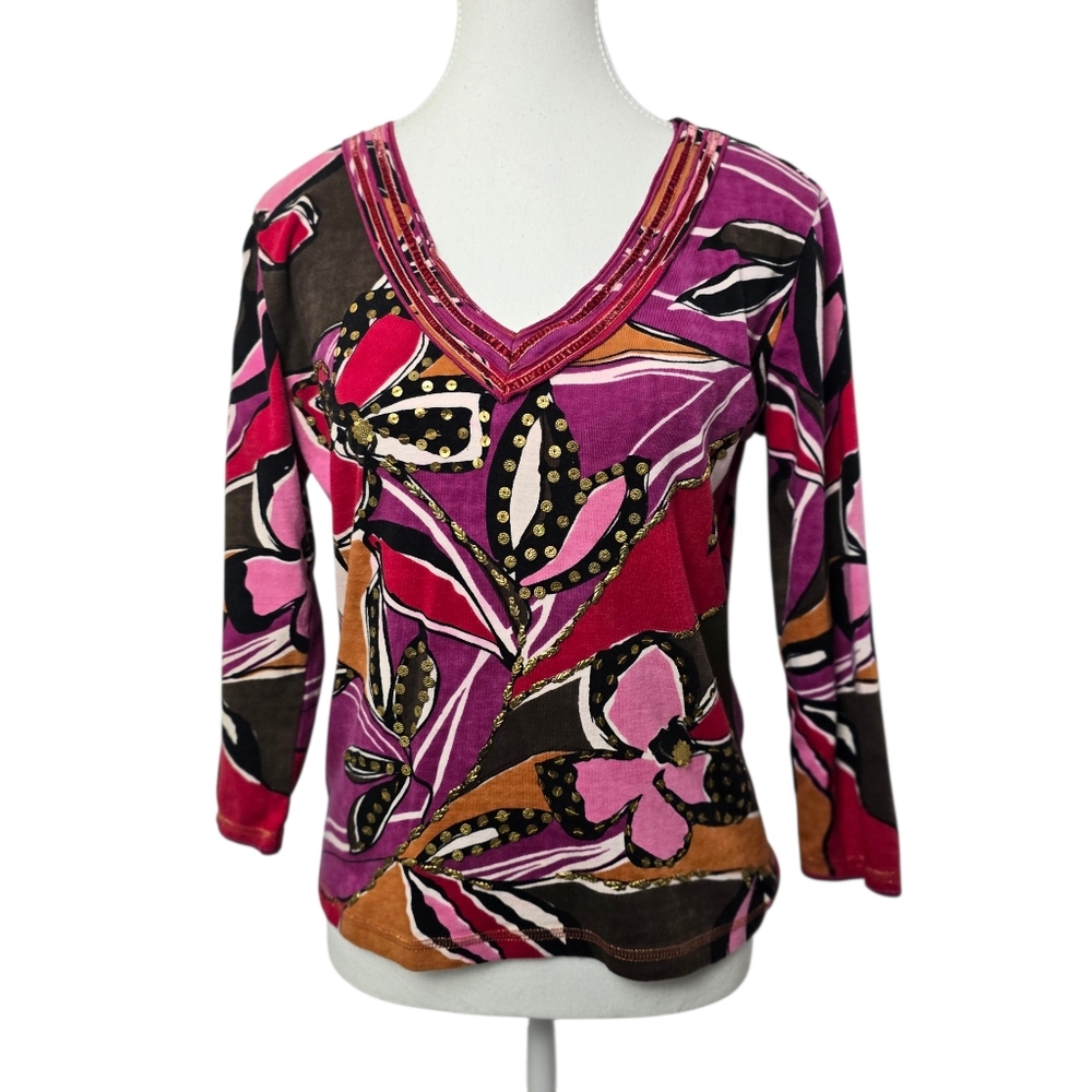 Arvanti Vintage V Neck Art To Wear Blouse Metallic Multicolor Top Size L